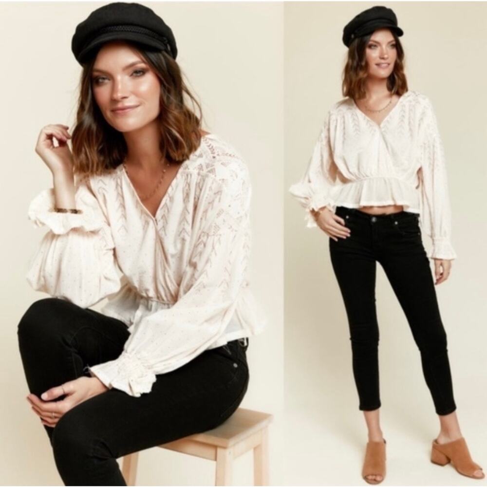 Free People Counting Stars Peplum Top Large Cream Gold Metallic Ruffle Peasant